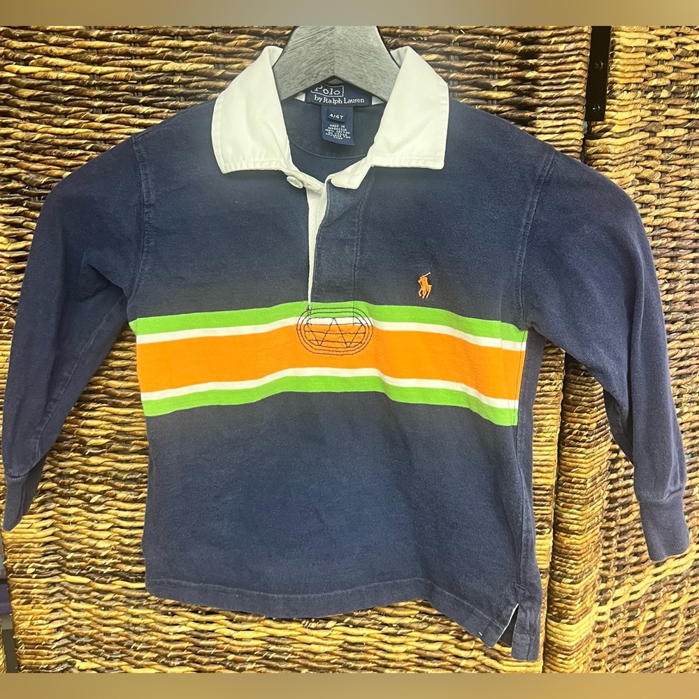 Ralph Lauren Kids Polo Shirt with White Collar and Stripes- Size:4/4T‎